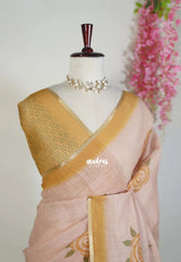 Sand Brown - Pragathi - Linen Cotton Saree with Flower Prints and Contrast Blouse - Perfect for Office Wear | Casual Wear