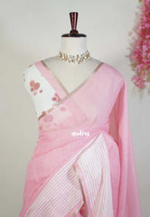 Strawberry Milk Pink - Pragathi - Linen Cotton Saree with Floral Blouse - Perfect for Office Wear | Casual Wear