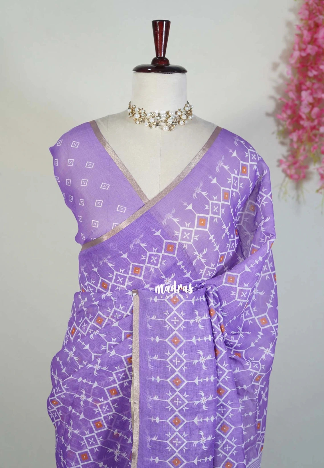 Lavender - Pragathi - Linen Cotton Saree with Geometric Prints - Perfect for Office Wear | Casual Wear