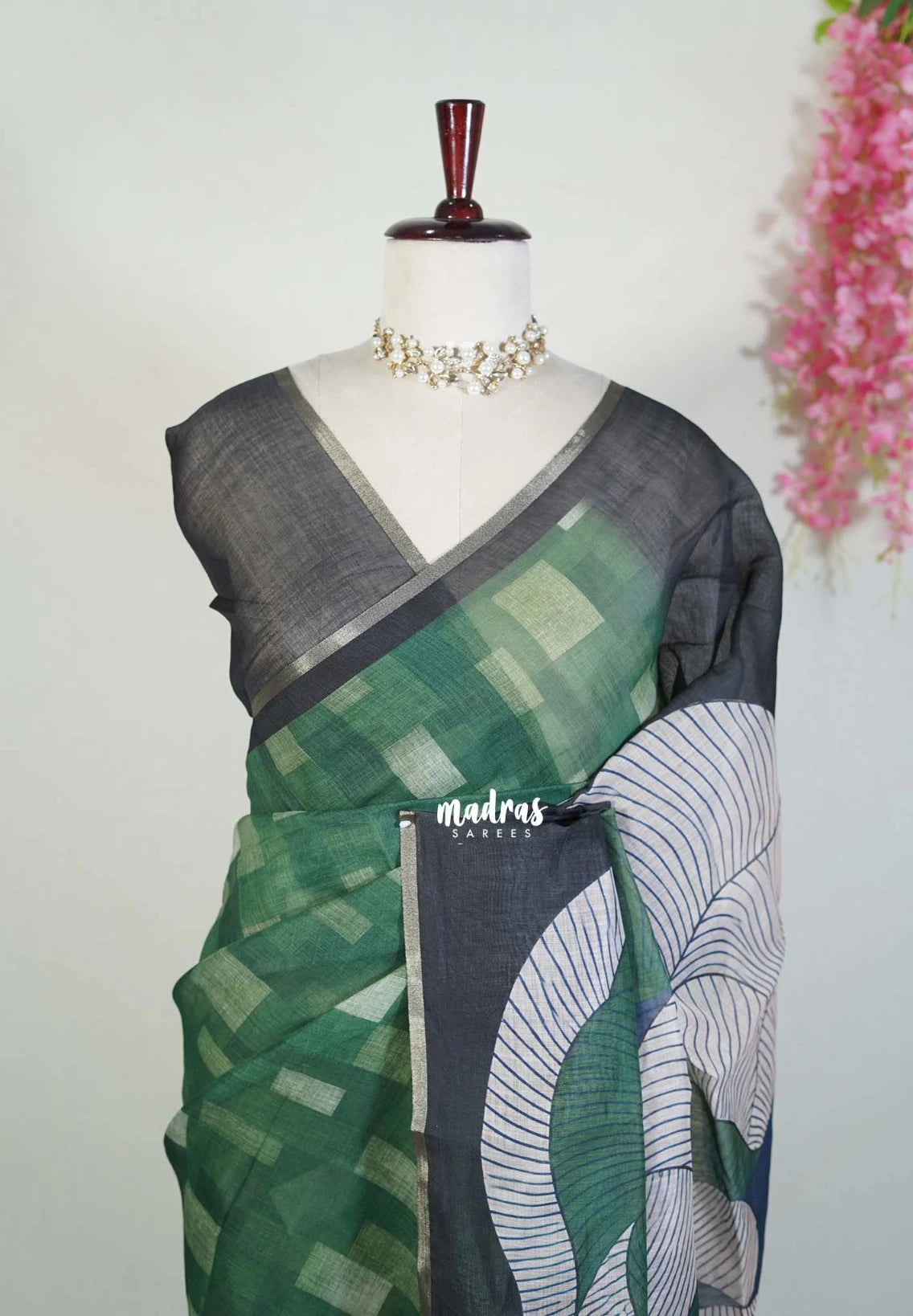 Forest Green - Pragathi - Linen Cotton Saree with Digital Prints and Contrast Blouse - Perfect for Office Wear | Casual Wear