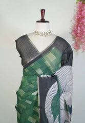 Forest Green - Pragathi - Linen Cotton Saree with Digital Prints and Contrast Blouse - Perfect for Office Wear | Casual Wear