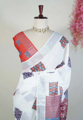 Pearl White - Linen Cotton Saree with Tissue Border Ajrakh Indian Art Printed Pallu and Blouse - Perfect for Office Wear | Summer wear | Casual Wear