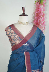 Marine Blue - Pragathi - Linen Cotton Saree with Kalamkari Floral Prints Pallu and Blouse - Perfect for Office Wear | Casual Wear