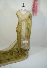 Mehndi Olive Green - Pragathi - Linen Cotton Saree with Stripes with Floral Prints - Perfect for Office Wear | Casual Wear