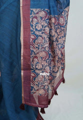 Marine Blue - Pragathi - Linen Cotton Saree with Kalamkari Floral Prints Pallu and Blouse - Perfect for Office Wear | Casual Wear