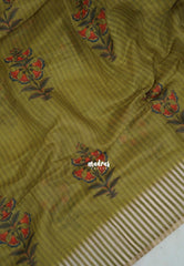 Mehndi Olive Green - Pragathi - Linen Cotton Saree with Stripes with Floral Prints - Perfect for Office Wear | Casual Wear