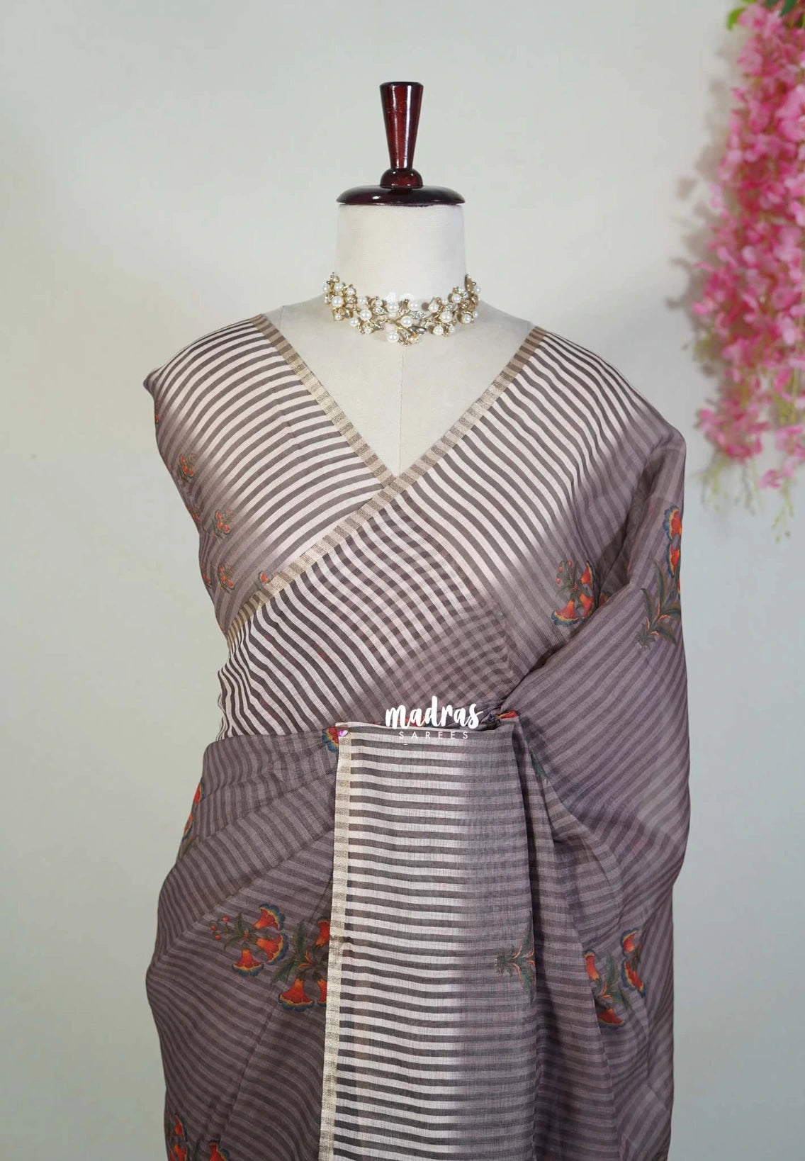 Muted Brown - Pragathi - Linen Cotton Saree with Stripes with Floral Prints - Perfect for Office Wear | Casual Wear