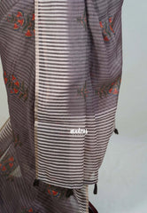Muted Brown - Pragathi - Linen Cotton Saree with Stripes with Floral Prints - Perfect for Office Wear | Casual Wear
