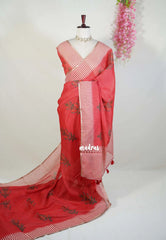 Chilli Red - Pragathi - Linen Cotton Saree with Stripes with Floral Prints - Perfect for Office Wear | Casual Wear