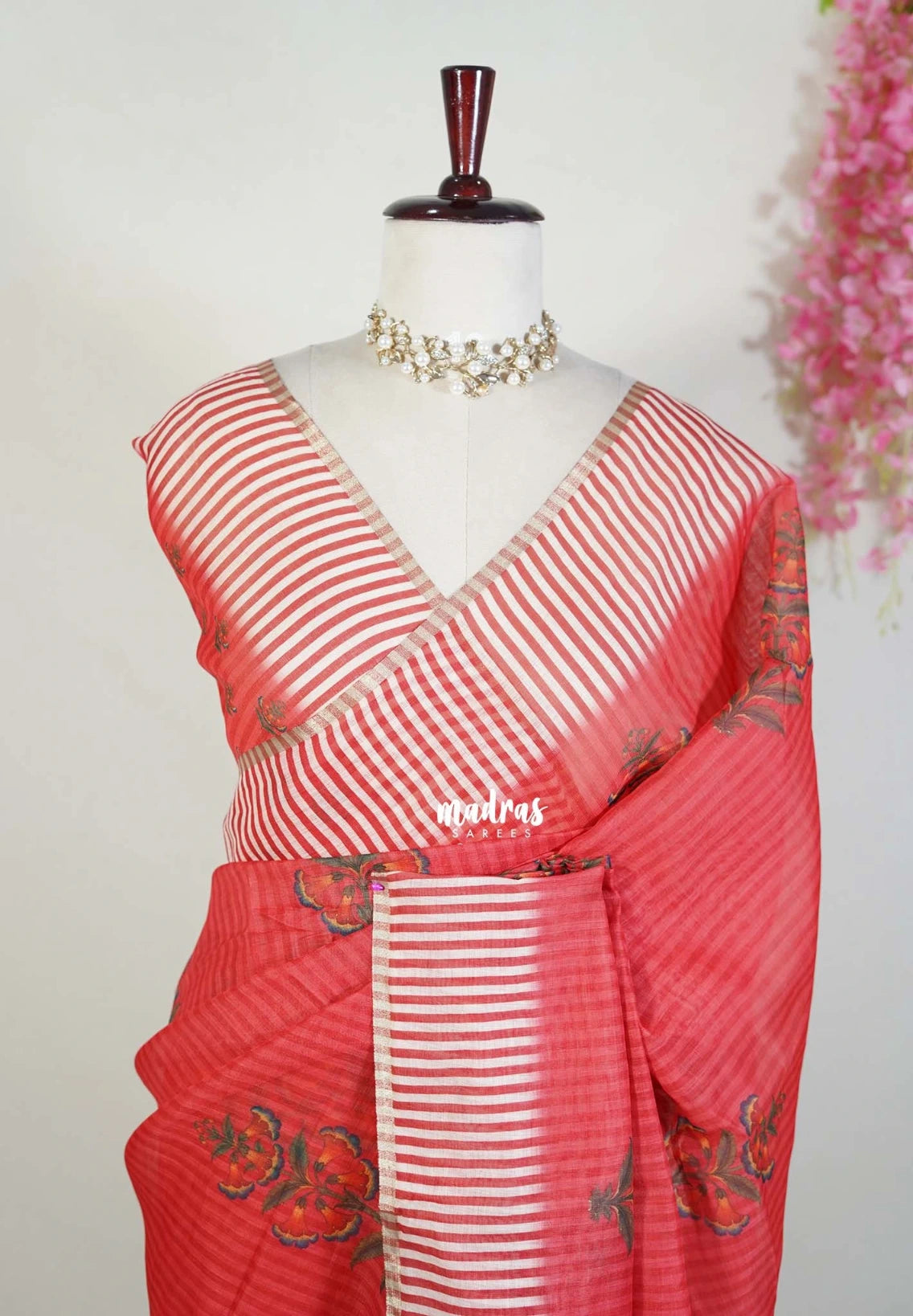 Chilli Red - Pragathi - Linen Cotton Saree with Stripes with Floral Prints - Perfect for Office Wear | Casual Wear