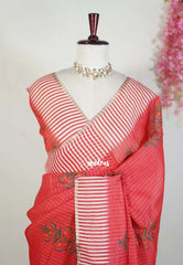 Chilli Red - Pragathi - Linen Cotton Saree with Stripes with Floral Prints - Perfect for Office Wear | Casual Wear