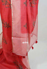 Chilli Red - Pragathi - Linen Cotton Saree with Stripes with Floral Prints - Perfect for Office Wear | Casual Wear