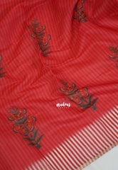 Chilli Red - Pragathi - Linen Cotton Saree with Stripes with Floral Prints - Perfect for Office Wear | Casual Wear