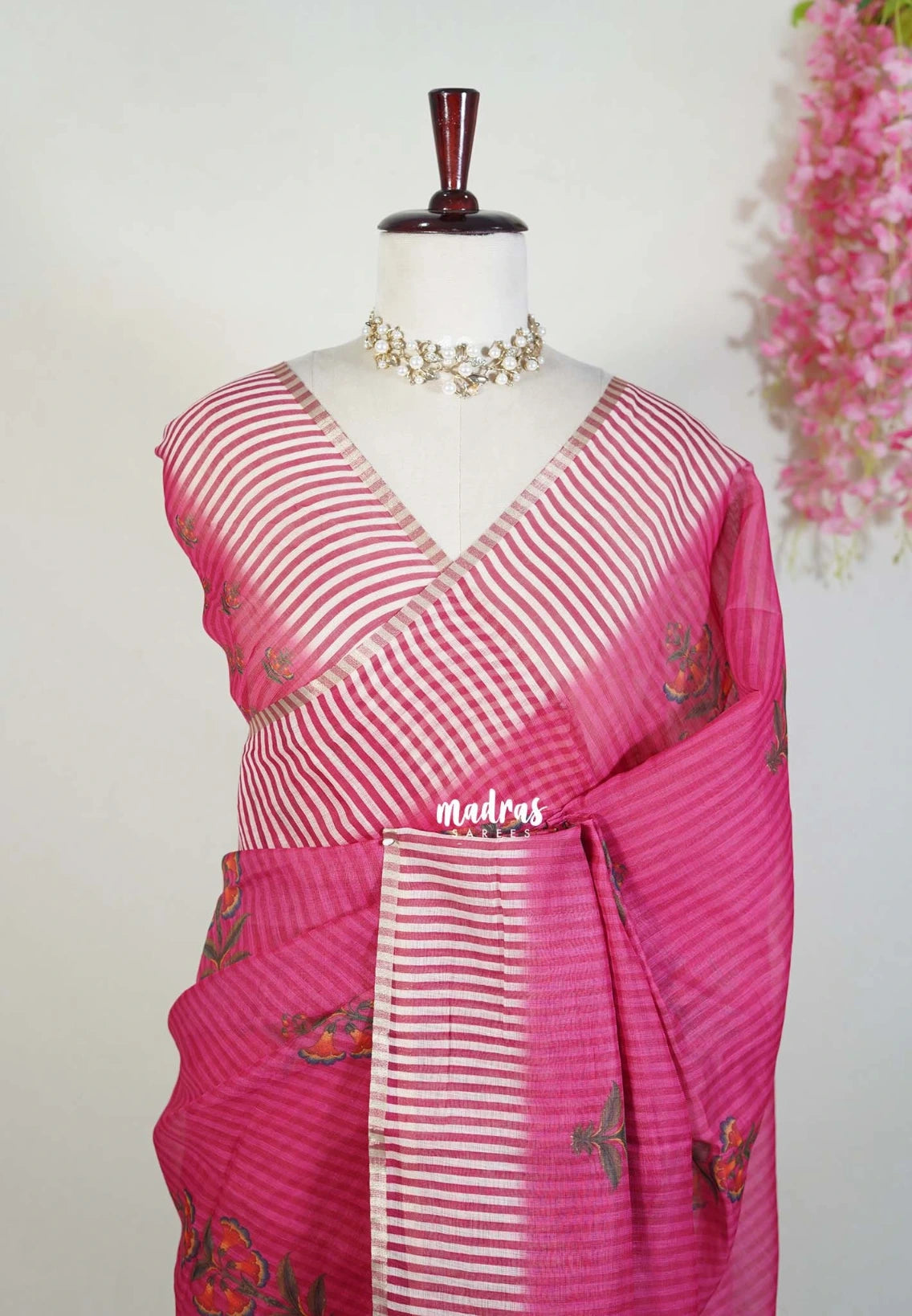 Queen's Pink - Pragathi - Linen Cotton Saree with Stripes with Floral Prints - Perfect for Office Wear | Casual Wear