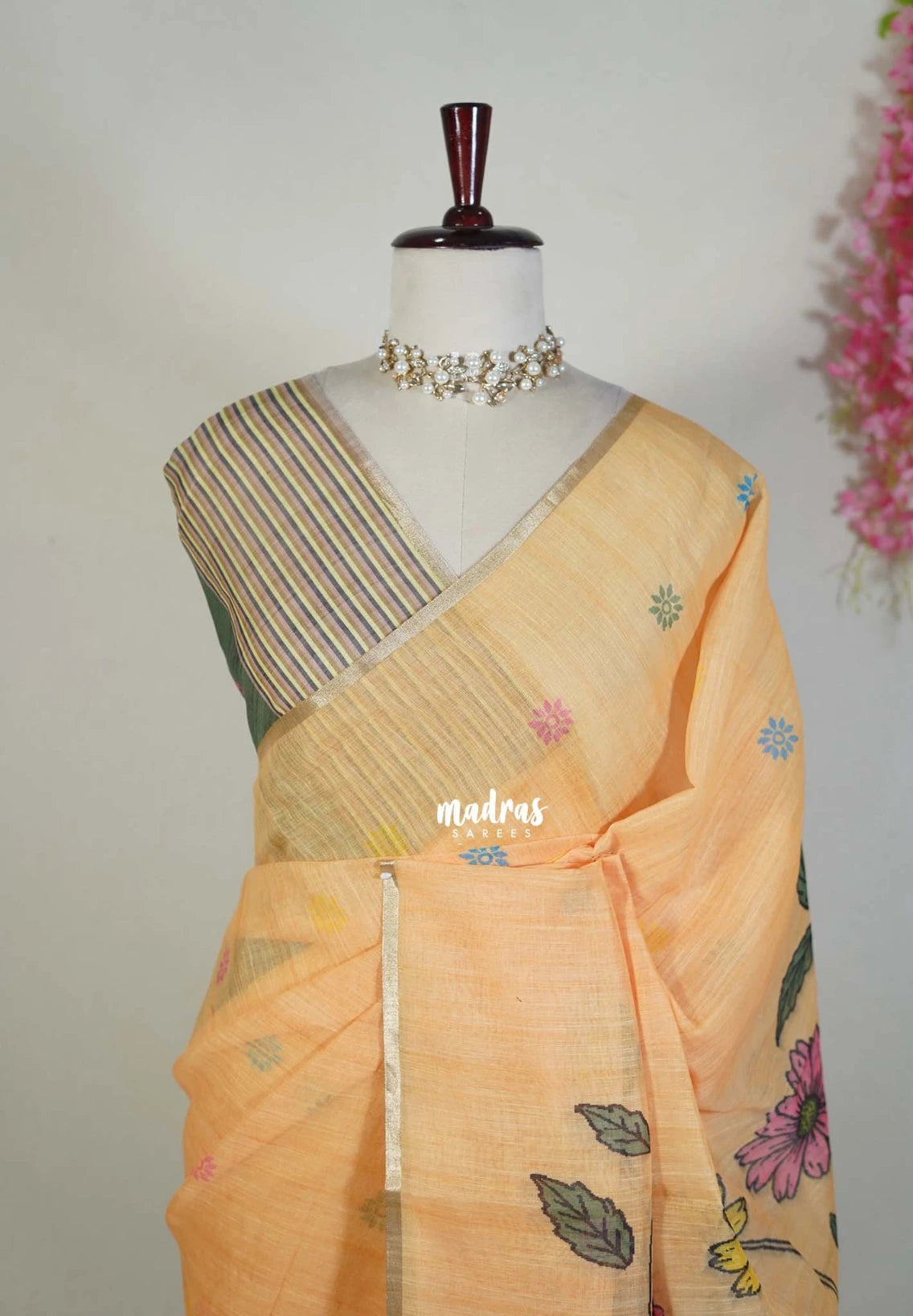 Melon Yellow - Pragathi - Linen Cotton Saree with Flower Prints - Perfect for Office Wear | Casual Wear