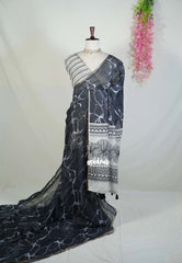 Elephant Black - Pragathi - Linen Cotton Saree with Floral Prints - Perfect for Office Wear | Summer wear | Casual Wear