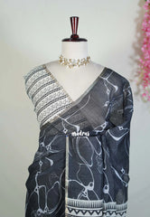 Elephant Black - Pragathi - Linen Cotton Saree with Floral Prints - Perfect for Office Wear | Summer wear | Casual Wear