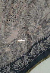 Muted Beige - Pragathi - Linen Cotton Saree with Kalamkari Peacock, Floral Print and Tiny Border - Perfect for Office Wear | Summer wear | Casual Wear