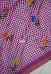 White with Magenta Pink - Pragathi - Linen Cotton Saree Madras Checks with Rose Flower Prints - Best for Office Wear | Casual Wear