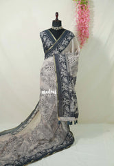 Muted Beige - Pragathi - Linen Cotton Saree with Kalamkari Peacock, Floral Print and Tiny Border - Perfect for Office Wear | Summer wear | Casual Wear