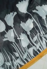 Nightfall Black - Pragathi - Linen Cotton Saree Floral Print wiht Contrast Pallu and Blouse - Perfect for Office Wear | Summer wear | Casual Wear