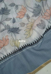 Pearl White - Pragathi - Linen Cotton Saree Lotus Print with Plain Border - Perfect for Office Wear | Summer wear | Casual Wear