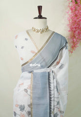 Pearl White - Pragathi - Linen Cotton Saree Lotus Print with Plain Border - Perfect for Office Wear | Summer wear | Casual Wear