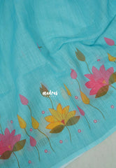 Sky Melody Blue - Pragathi - Linen Cotton Saree Lotus Prints Border wiht Contrast Blouse - Perfect for Office Wear | Summer wear | Casual Wear