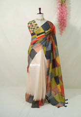 Sandal Beige with Multicolor Checks - Pragathi - Linen Cotton Saree Half and Half Pattern with Box Prints - Perfect for Office Wear | Summer wear | Casual Wear