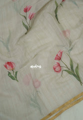 Ivory Beige - Pragathi - Linen Cotton Saree Thulip Flower Prints with Tiny Border - Perfect for Office Wear | Summer wear | Casual Wear