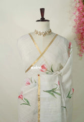 Ivory Beige - Pragathi - Linen Cotton Saree Thulip Flower Prints with Tiny Border - Perfect for Office Wear | Summer wear | Casual Wear