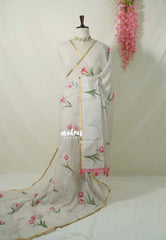 Ivory Beige - Pragathi - Linen Cotton Saree Thulip Flower Prints with Tiny Border - Perfect for Office Wear | Summer wear | Casual Wear