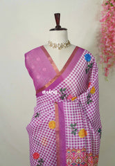 White with Magenta Pink - Pragathi - Linen Cotton Saree Madras Checks with Rose Flower Prints - Best for Office Wear | Casual Wear