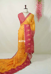 Mango Yellow - Pragathi - Linen Cotton Saree Leaf, Flower Print wiht Contrast Pallu and Blouse - Perfect for Office Wear | Summer wear | Casual Wear