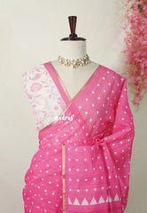 Cotton Candy Pink - Pragathi - Linen Cotton Saree Square Box Buttas Print wiht Contrast Blouse - Perfect for Office Wear | Summer wear | Casual Wear