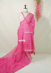 Cotton Candy Pink - Pragathi - Linen Cotton Saree Square Box Buttas Print wiht Contrast Blouse - Perfect for Office Wear | Summer wear | Casual Wear