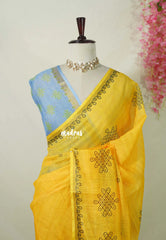 Paris Yellow - Pragathi - Linen Cotton Saree Kolam Print wiht Contrast Blouse - Perfect for Office Wear | Summer wear | Casual Wear
