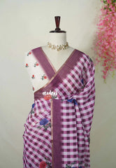 White with Magenta Purple - Pragathi - Linen Cotton Saree Madras Checks with Rose Flower Prints - Best for Office Wear | Casual Wear
