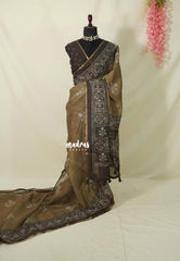 Muted Mustard Brown - Pragathi - Linen Cotton Saree with Batiq Prints - Best for Office Wear | Casual Wear