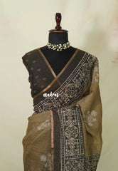Muted Mustard Brown - Pragathi - Linen Cotton Saree with Batiq Prints - Best for Office Wear | Casual Wear