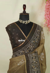 Muted Mustard Brown - Pragathi - Linen Cotton Saree with Batiq Prints - Best for Office Wear | Casual Wear