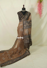 Muted Sand Brown - Pragathi - Linen Cotton Saree with Batiq Prints - Best for Office Wear | Casual Wear
