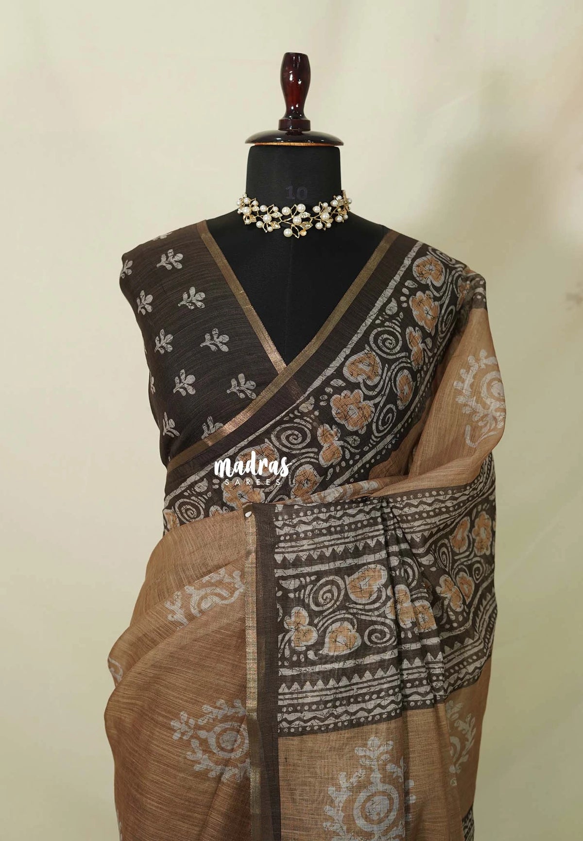 Muted Sand Brown - Pragathi - Linen Cotton Saree with Batiq Prints - Best for Office Wear | Casual Wear
