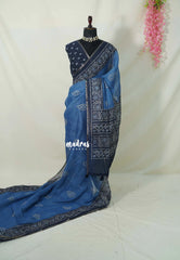 Muted Cobalt Blue - Pragathi - Linen Cotton Saree with Batiq Prints - Best for Office Wear | Casual Wear
