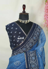 Muted Cobalt Blue - Pragathi - Linen Cotton Saree with Batiq Prints - Best for Office Wear | Casual Wear