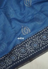 Muted Cobalt Blue - Pragathi - Linen Cotton Saree with Batiq Prints - Best for Office Wear | Casual Wear