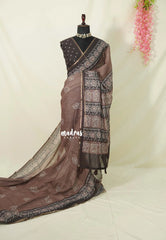 Muted Rust Brown - Pragathi - Linen Cotton Saree with Batiq Prints - Best for Office Wear | Casual Wear