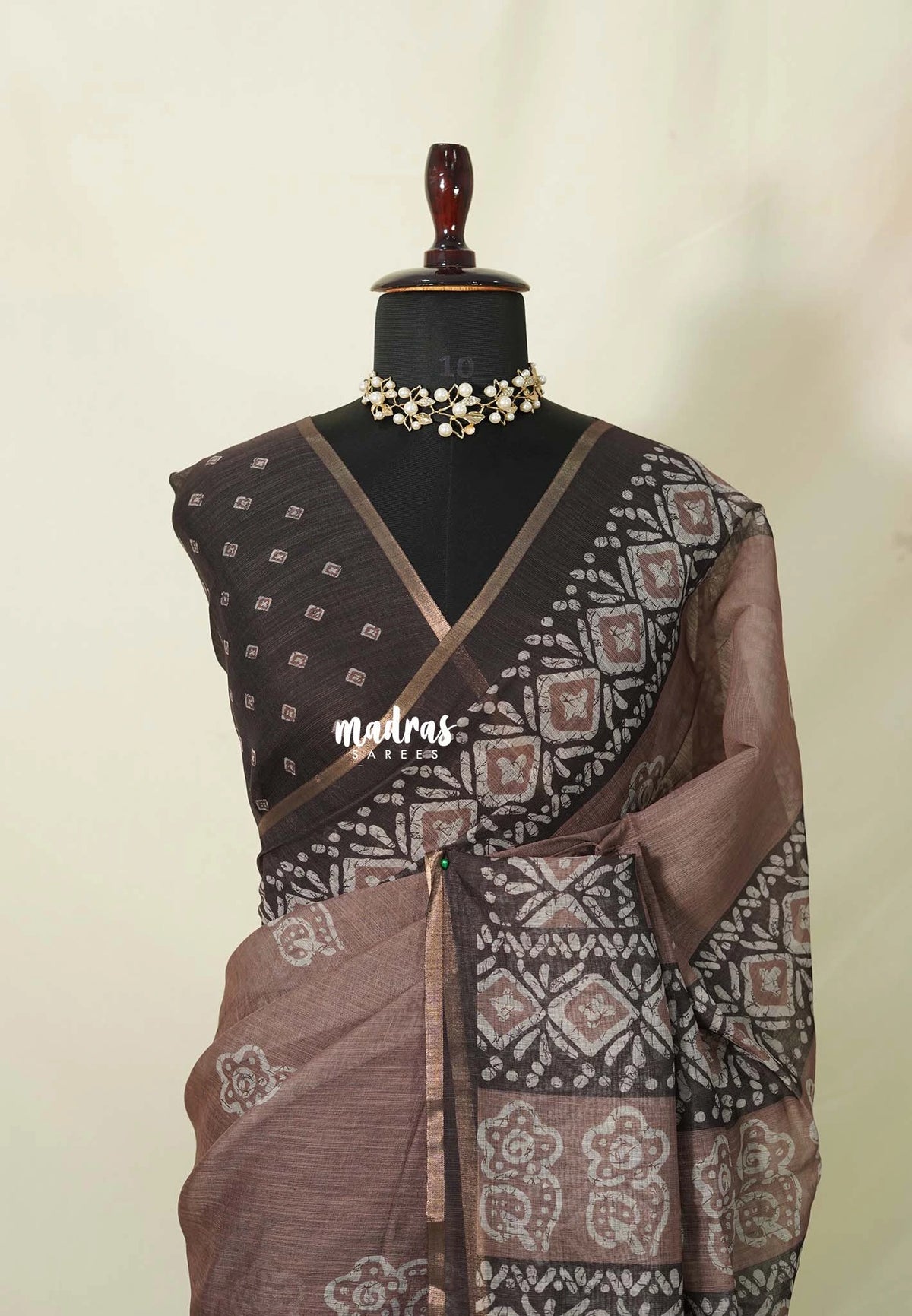 Muted Chocolate Brown - Pragathi - Linen Cotton Saree with Batiq Prints - Best for Office Wear | Casual Wear