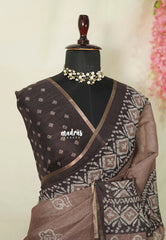 Muted Chocolate Brown - Pragathi - Linen Cotton Saree with Batiq Prints - Best for Office Wear | Casual Wear