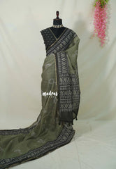Muted Olive Green - Pragathi - Linen Cotton Saree with Batiq Prints - Best for Office Wear | Casual Wear
